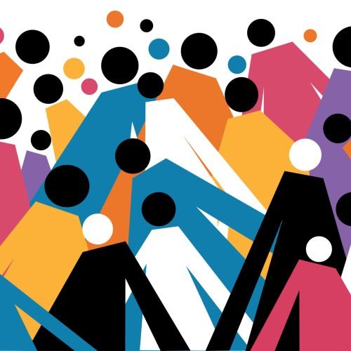 Geometric illustration of a crowd of multi coloured human figures